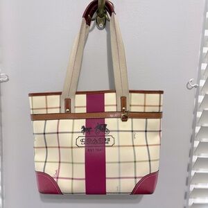 Beautiful multicolored with cream base pre owned leather Coach tote